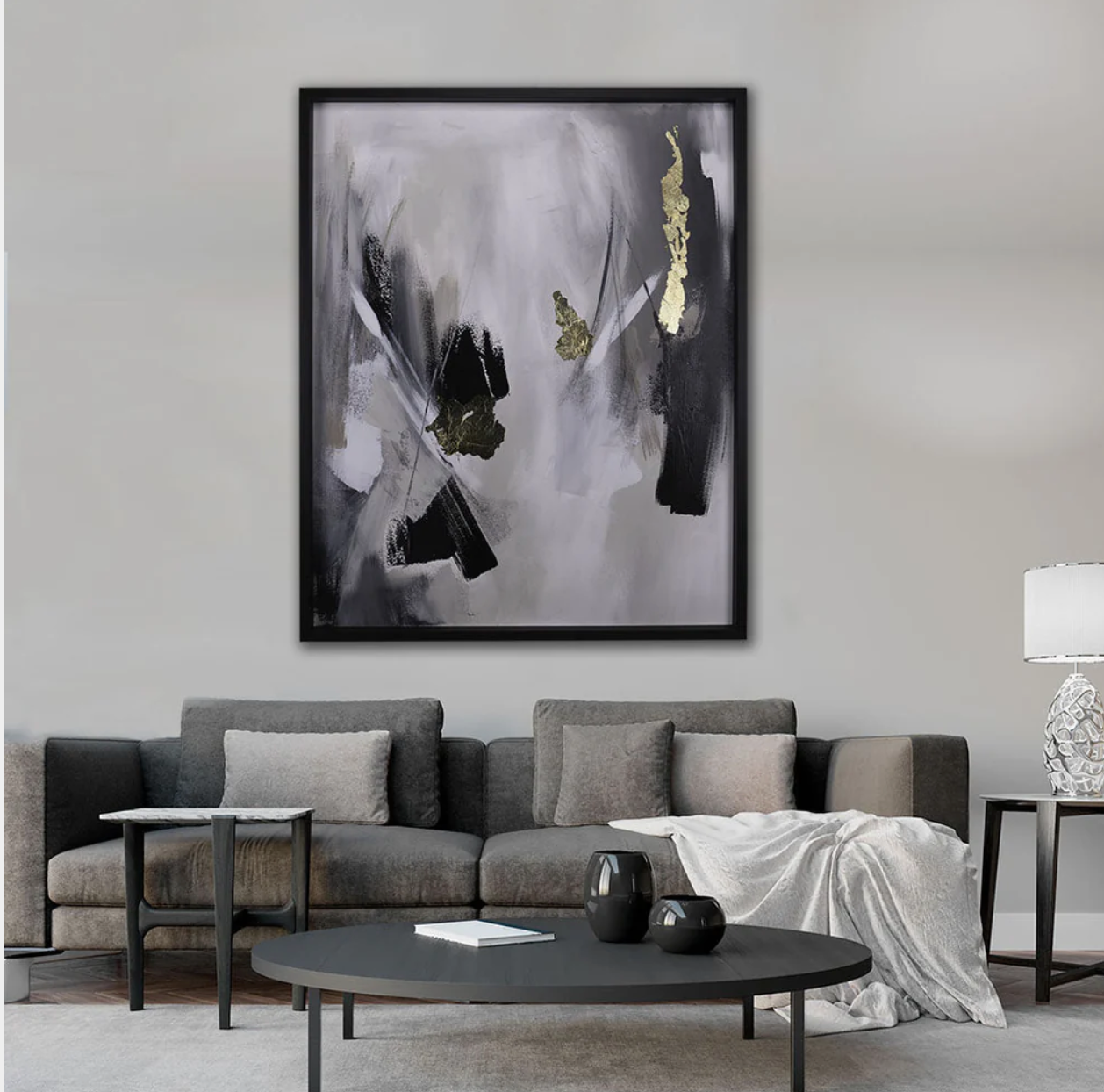 Original hand-painted canvas artwork with added depth and texture, embellished with gold leaf, finished in an Italian satin black deep rebate frame that adds depth and stature, with each piece being unique.
