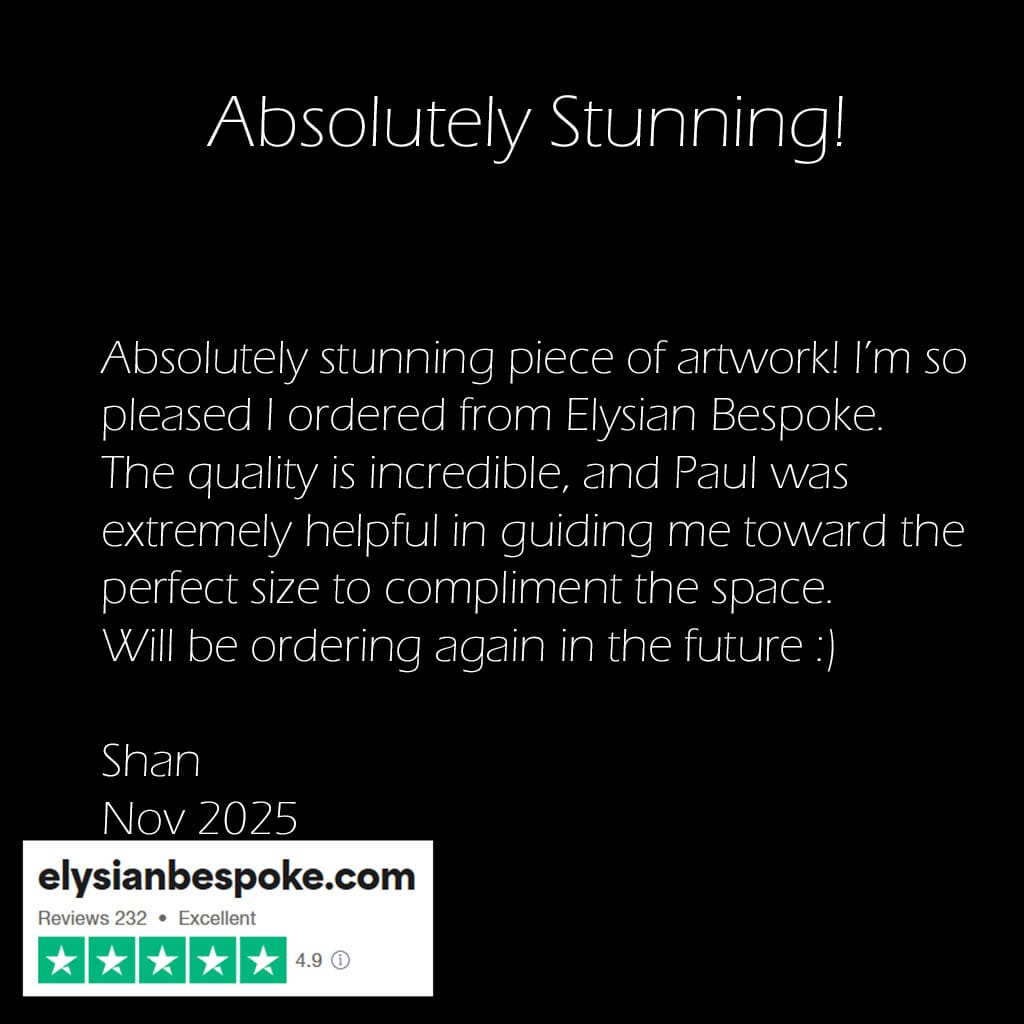 5 star trust pilot review stating absolutely stunning luxury wall art, and custom artwork sizing