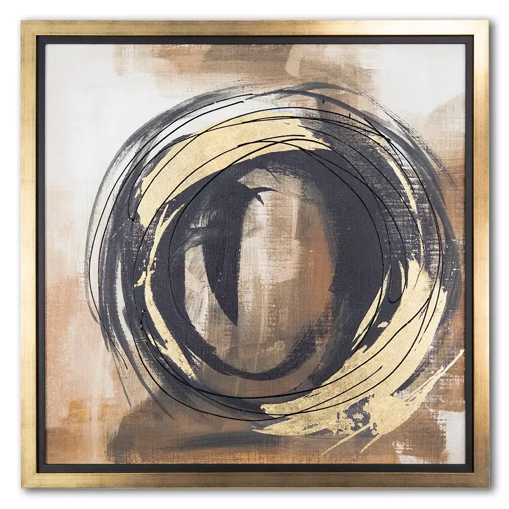 luxury abstract circular wall art featuring gold, black and brown sweeping brushstrokes in a modern lounge. Hand made by Elysian Bespoke.