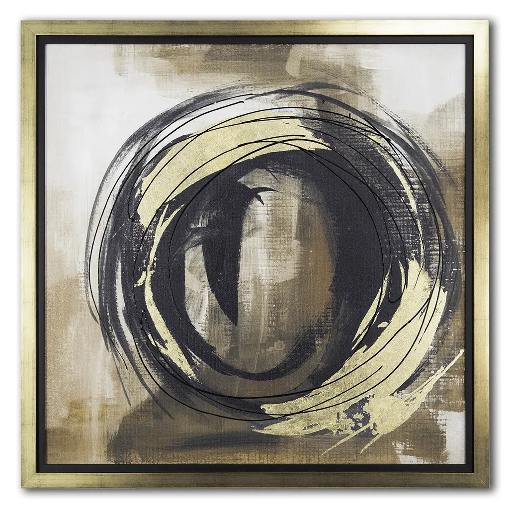Front view of luxury abstract circular wall art featuring gold, black and brown sweeping brushstrokes in a contemporary finish. Hand made by Elysian Bespoke.
