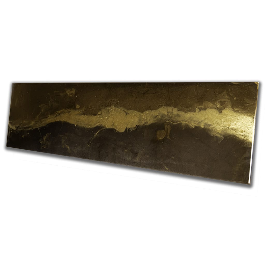 Side view of Luxury panoramic abstract gold resin wall art with glossy metallic finish on a dark bronze background, with gold highlights. handmade contemporary wall art by Elysian Bespoke.