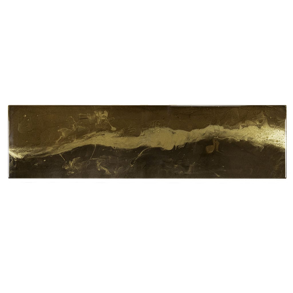 Luxury panoramic abstract gold resin wall art with glossy metallic finish on a dark bronze background, with gold highlights. handmade contemporary wall art by Elysian Bespoke.