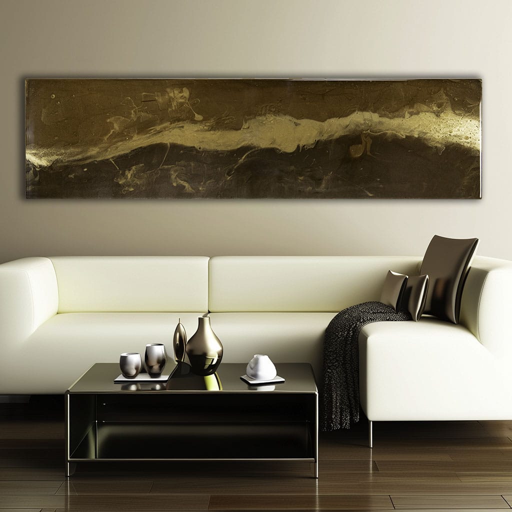 Luxury panoramic abstract gold resin wall art with glossy metallic finish on a dark bronze background, and gold highlights. handmade contemporary wall art by Elysian Bespoke.