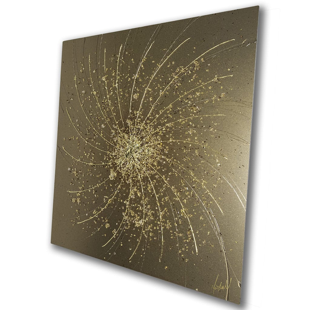 side view of luxury abstract gold metal wall art with textured gold leaf finish. contemporary wall art for modern living rooms. Handmade by Paul Marshall at elysian bespoke.