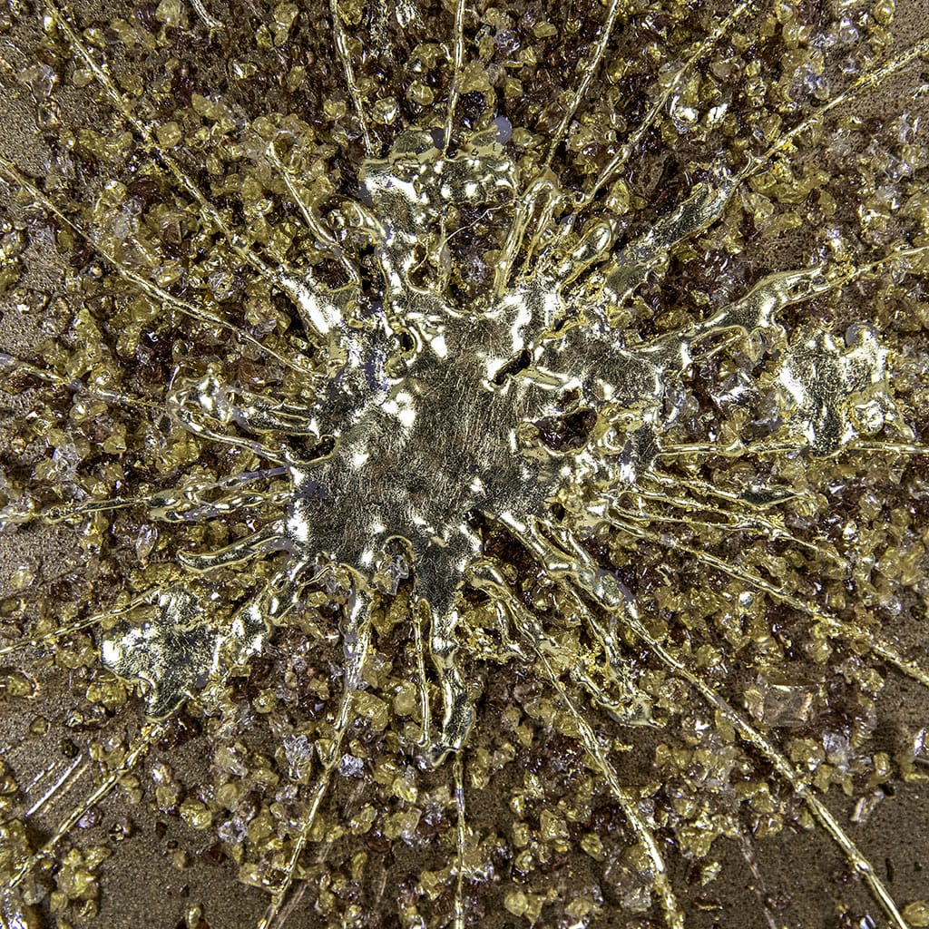 closeup detail of luxury abstract gold metal wall art with gold leaf finish. Handmade by Paul Marshall at elysian bespoke.