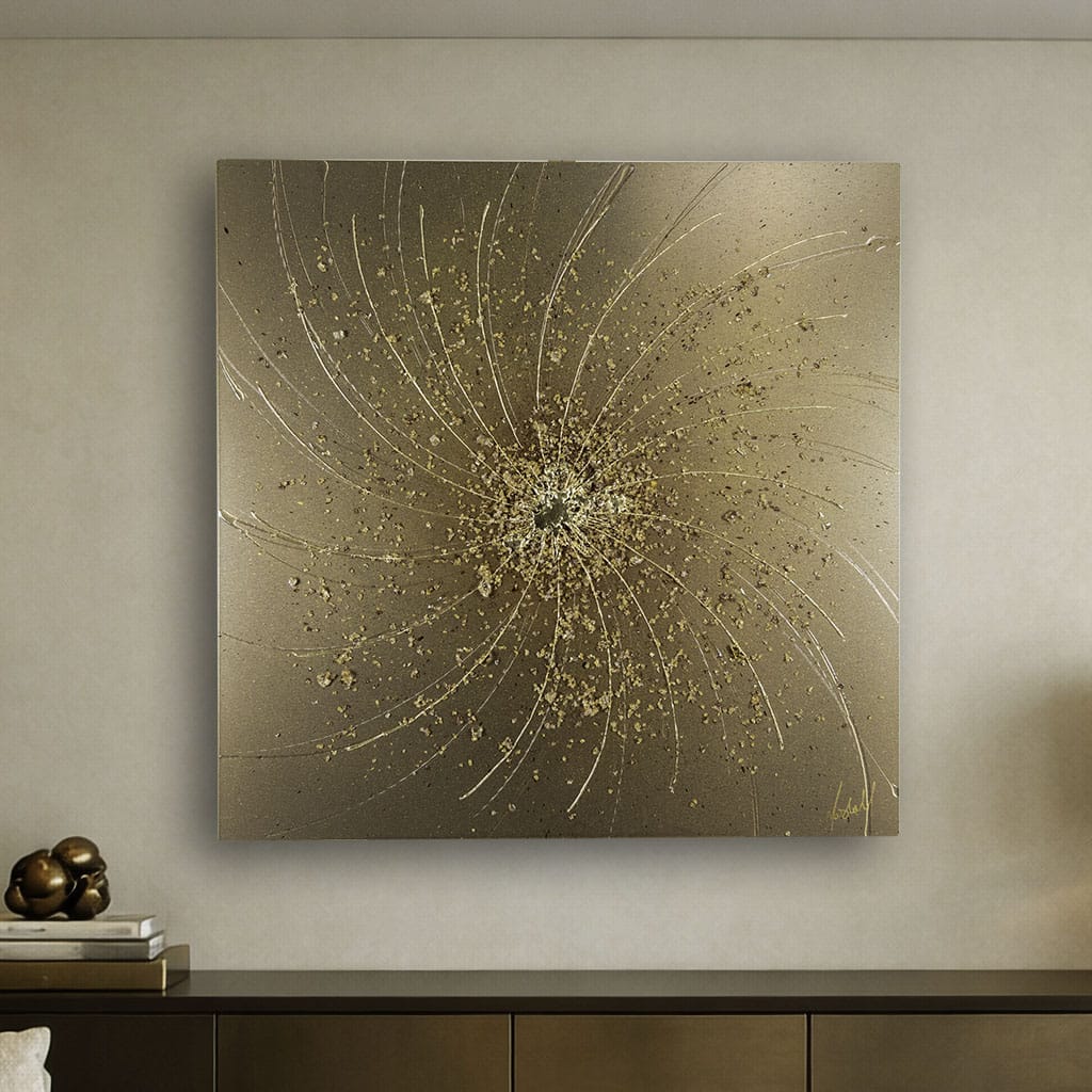 luxury abstract gold metal wall art with gold leaf finish. Handmade contemporary wall art for modern living rooms by Paul Marshall at elysian bespoke.