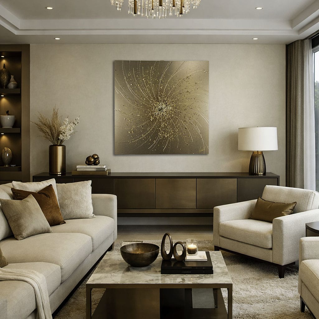 luxury abstract gold metal wall art with gold leaf finish and circular swirl design. Handmade contemporary wall art for modern living rooms by Paul Marshall at elysian bespoke.