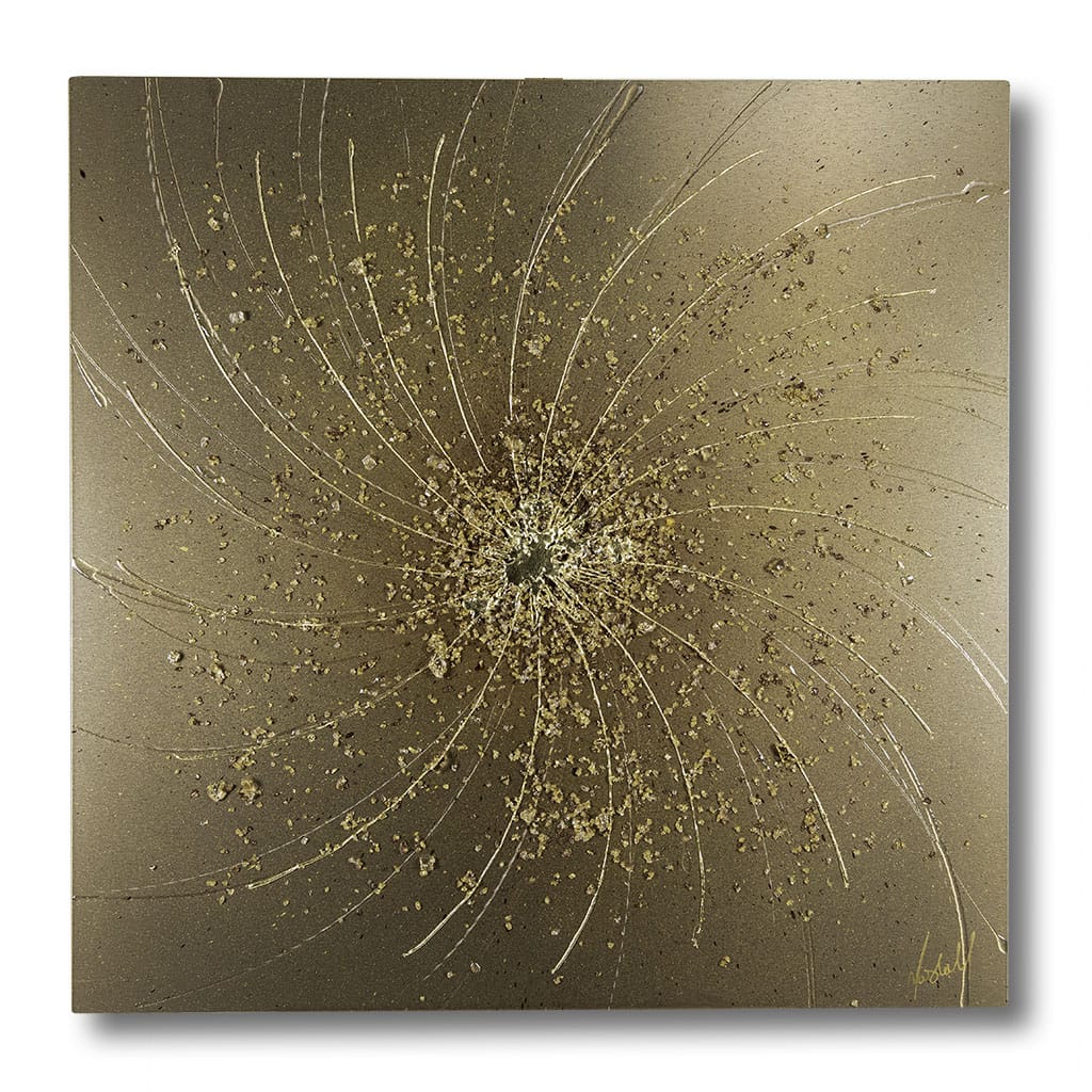 luxury abstract gold metal wall art with gold leaf finish. Handmade contemporary wall art for modern living rooms by Paul Marshall at elysian bespoke.