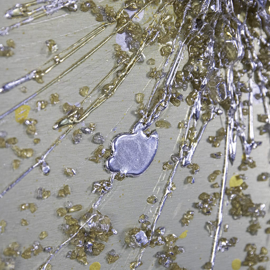 close up detail of hand applied gold and silver embellishment on Handmade luxury abstract gold metal wall art featuring metallic gold, champagne and silver textures. Contemporary statement artwork for modern living rooms and elegant interior design.