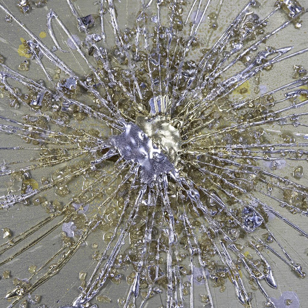 close up centre piece detail of Handmade luxury abstract gold metal wall art featuring a radial starburst design with metallic gold, champagne and silver textures. Contemporary statement artwork for modern living rooms and elegant interior design.