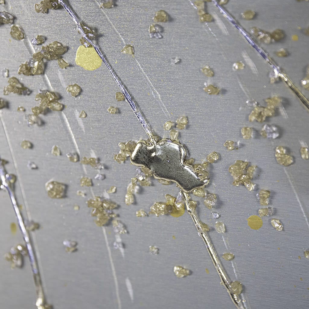 close up detail of Handmade luxury abstract gold metal wall art featuring a metallic gold, champagne and silver textures. Contemporary statement artwork for modern living rooms and elegant interior design.