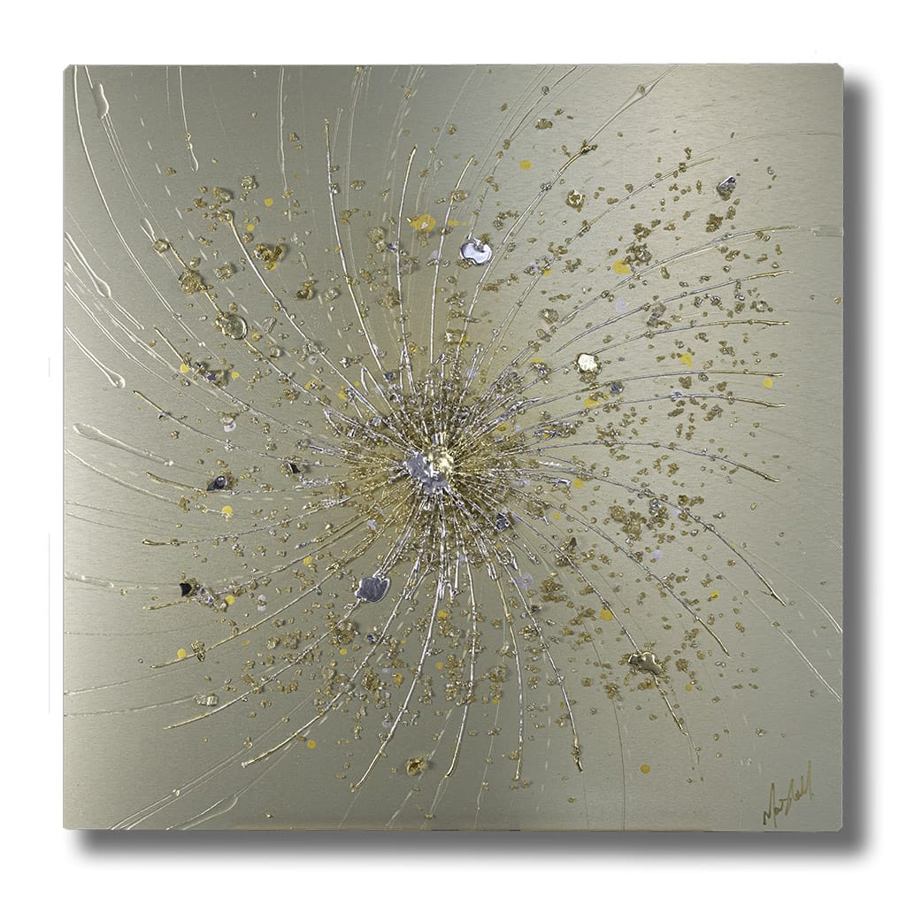 Handmade luxury abstract gold metal wall art featuring a radial starburst design with metallic gold, champagne and silver textures. Contemporary statement artwork for modern living rooms and elegant interior design.