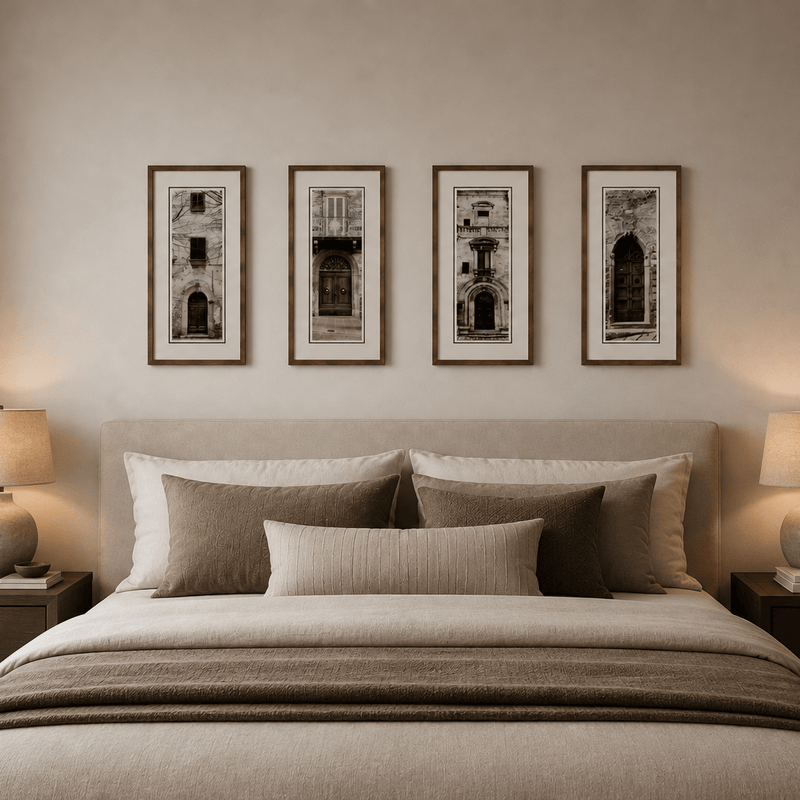 set of 4 Bronze framed Italian stone archway wall art featuring a historic rustic wooden doorway in monochrome architectural photography. Handmade luxury framed artwork by Elysian Bespoke for contemporary home