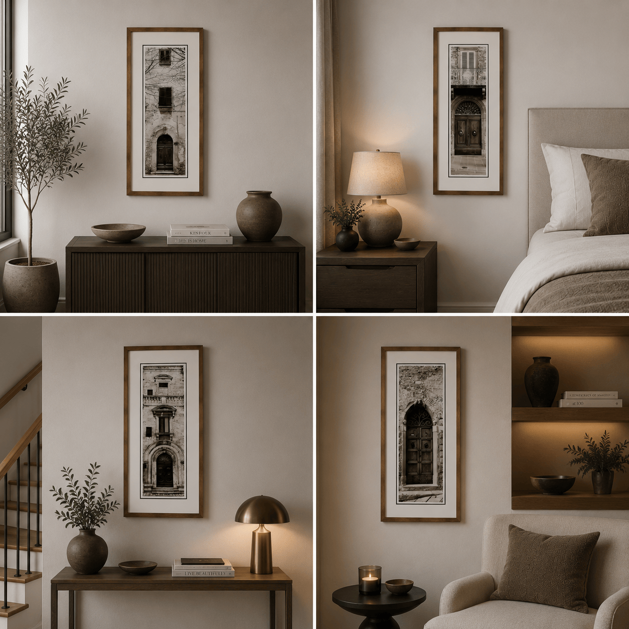 set of 4 Bronze framed Italian stone archway wall art featuring a historic rustic wooden doorway in monochrome architectural photography. Handmade luxury framed artwork by Elysian Bespoke for contemporary home