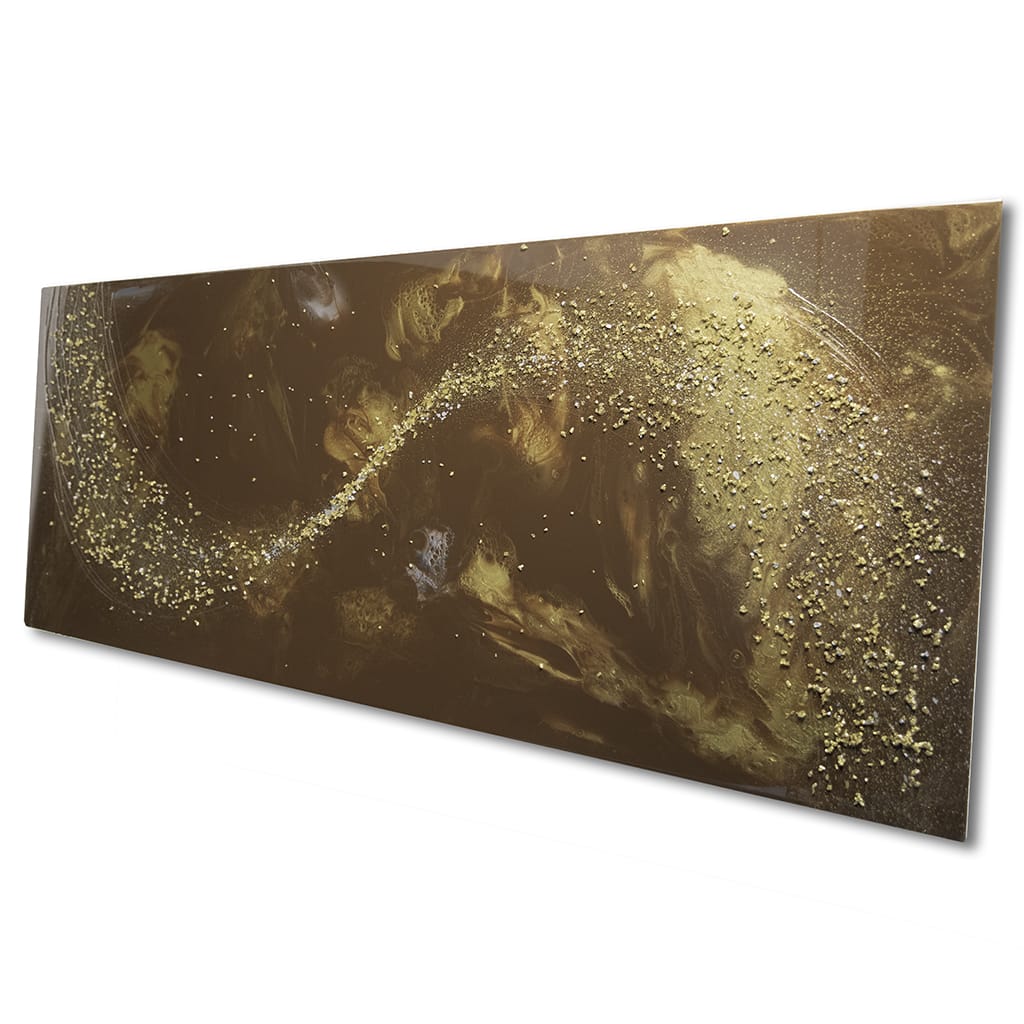 Large panoramic luxury abstract resin wall art in gold, browns silver. super Glossy finish, Hand made by paul marshall at Elysian bespoke.