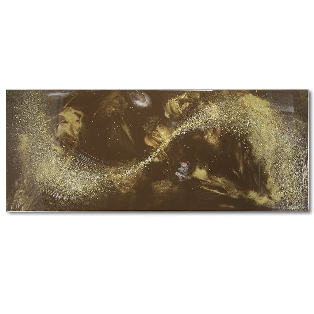 large panoramic abstract resin wall art in gold, browns silver. Glossy luxury finish, Hand made by elysian bespoke