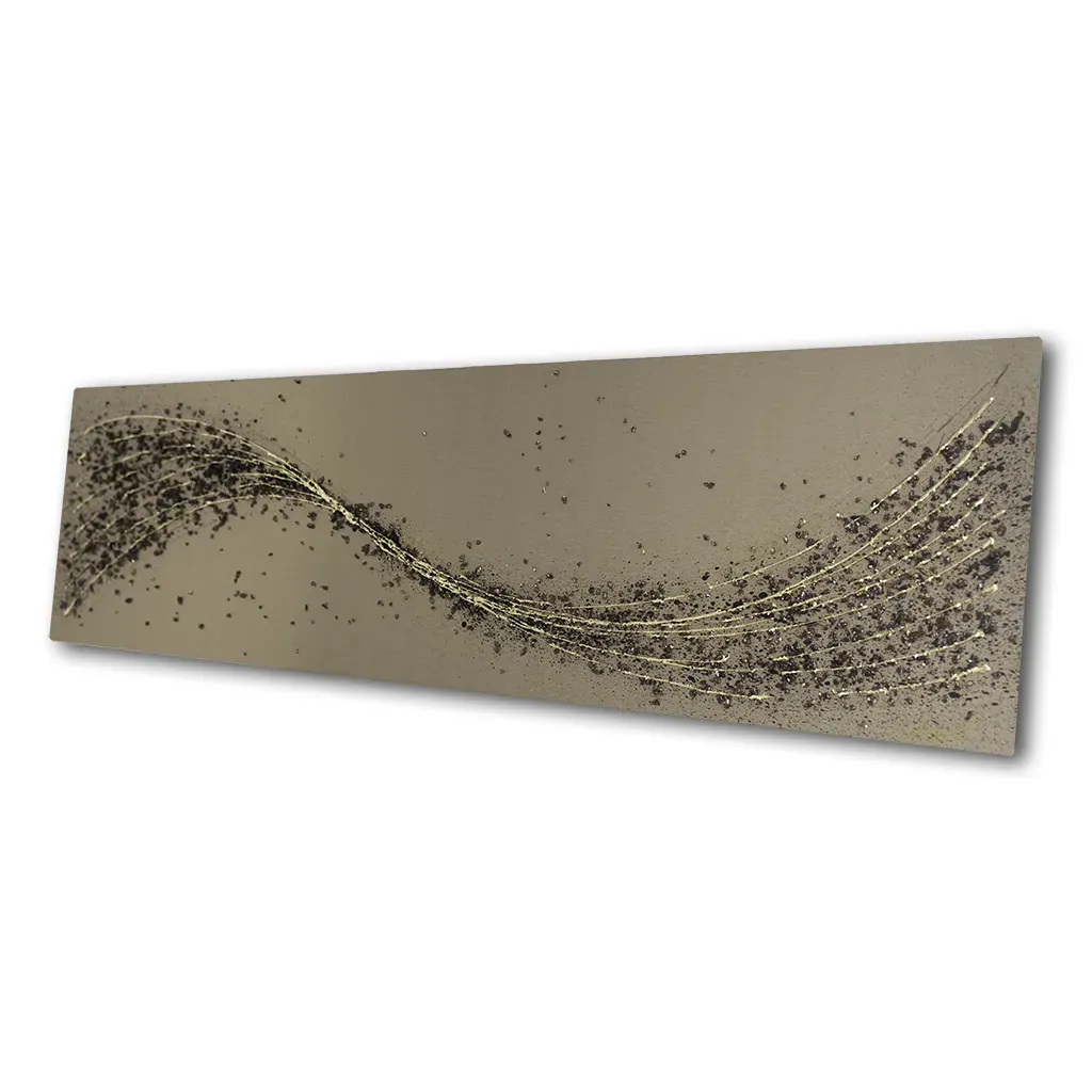 side view of Handmade espresso brown and bronze metal wall art by Elysian Bespoke, luxury contemporary oversized abstract wall sculpture for modern living room interiors.