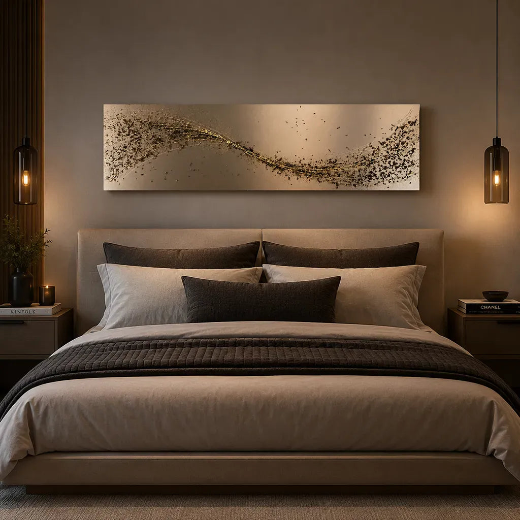 Bedroom setting with Handmade espresso brown and bronze metal wall art by Elysian Bespoke, luxury contemporary oversized abstract wall art for modern interiors.