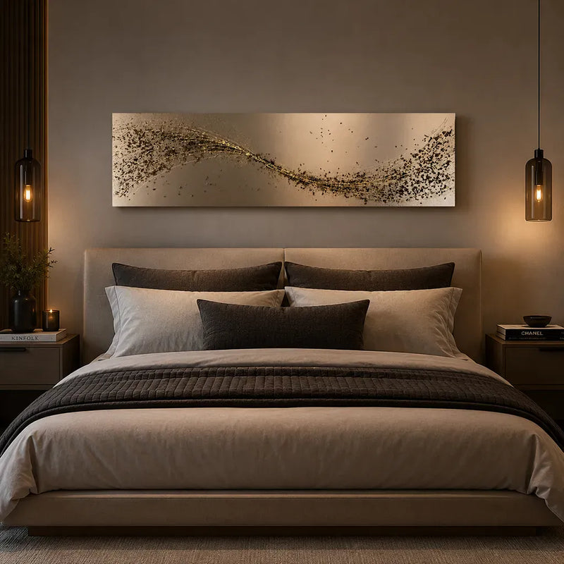 Bedroom setting with Handmade espresso brown and bronze metal wall art by Elysian Bespoke, luxury contemporary oversized abstract wall art for modern interiors.