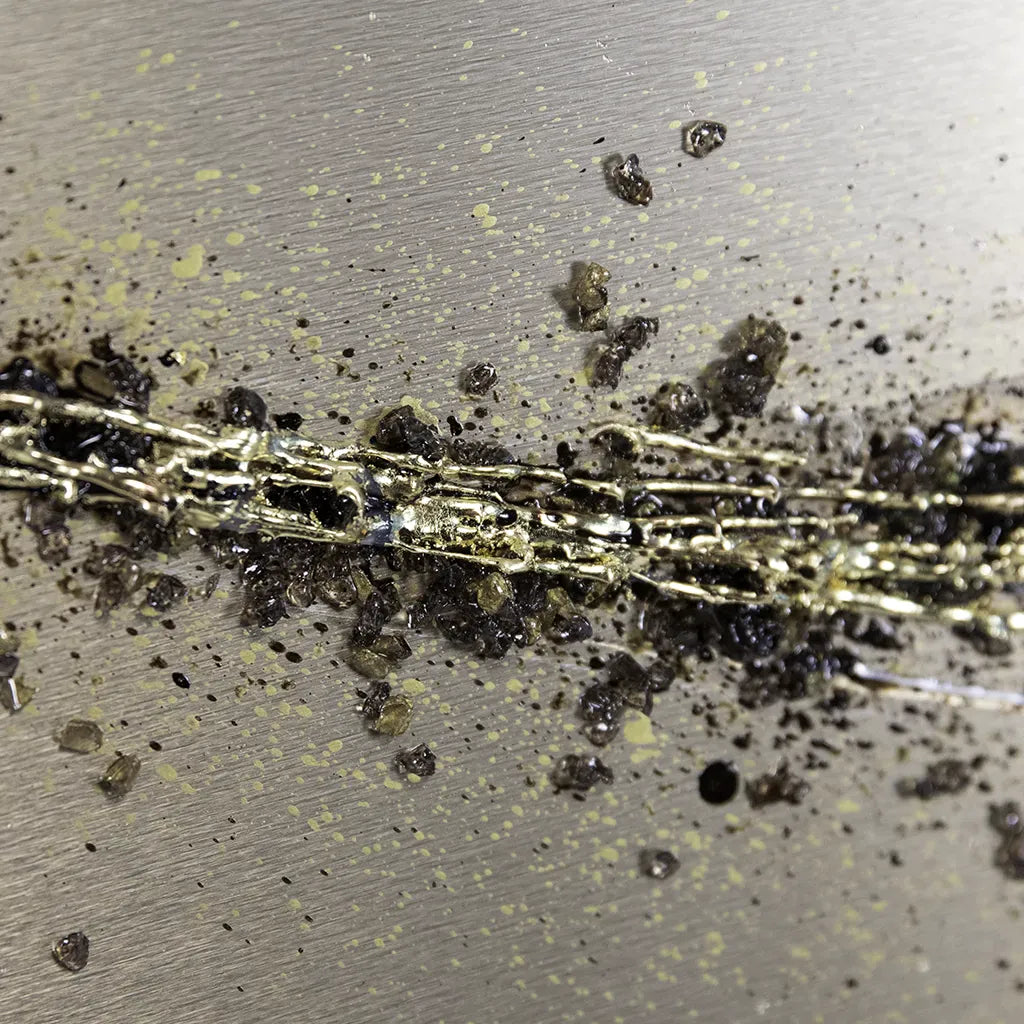 Close up of the centre of Handmade espresso brown and bronze metal wall art by Elysian Bespoke, luxury contemporary oversized abstract wall art for modern interiors.