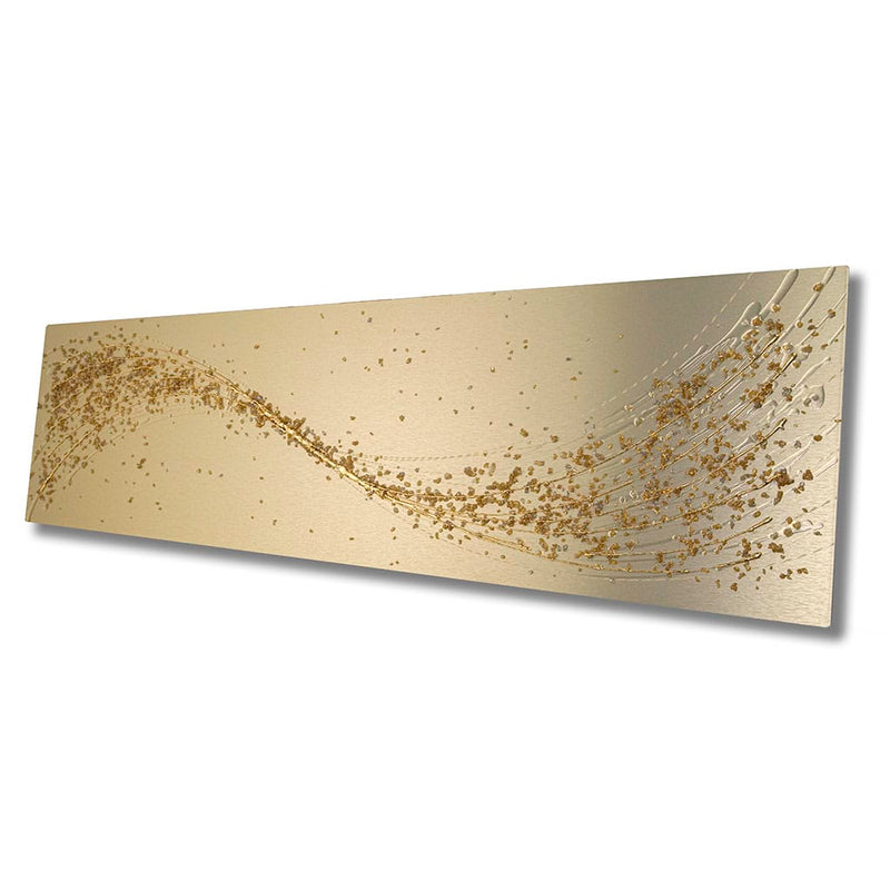side profile of Handmade abstract metal wall art, in golds, champagnes and silver highlights featuring a flowing wave design. Handmade wall art for contemporary homes and elegant interior design