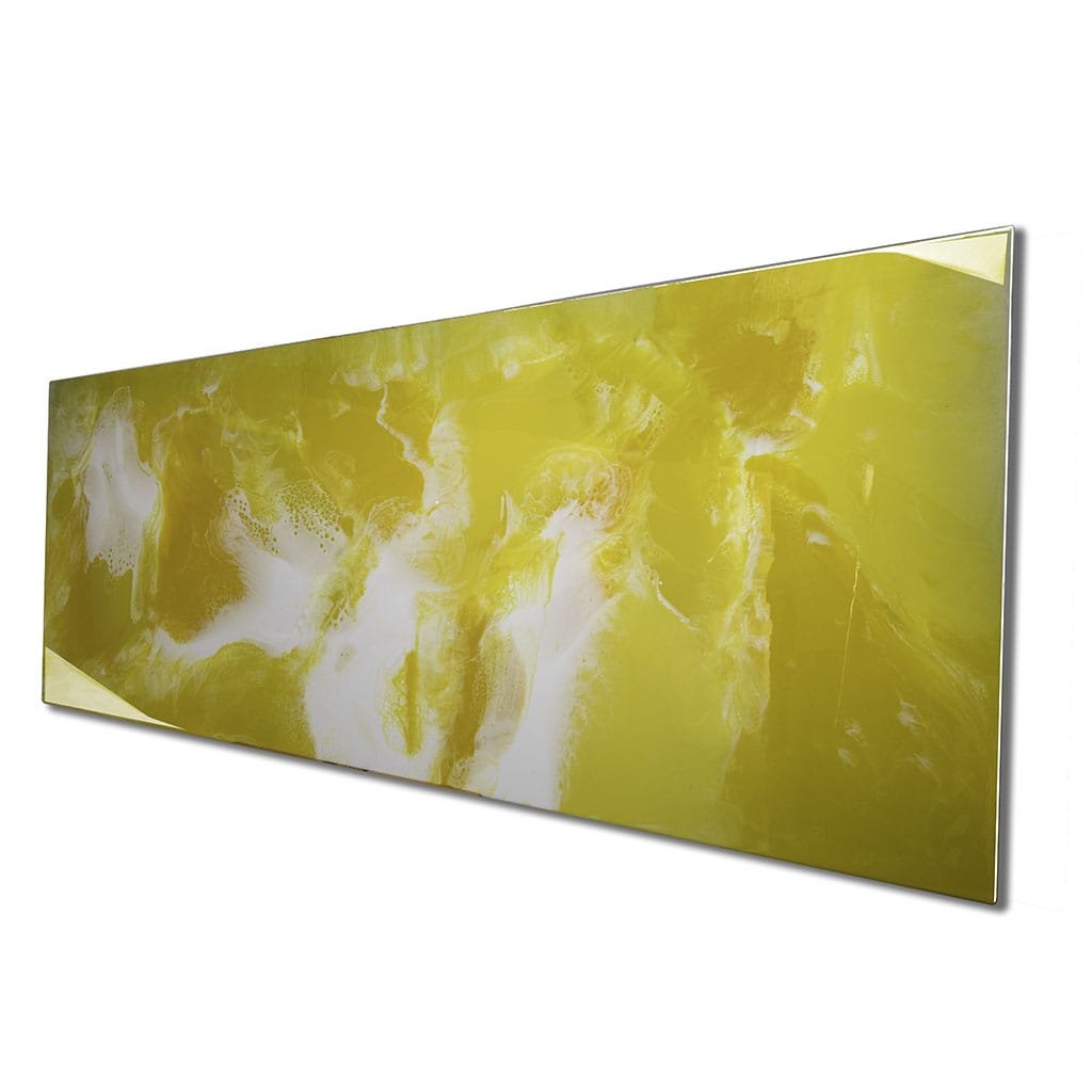 Large resin artwork on metal wall art in vibrant yellows and whites. Super glossy finish