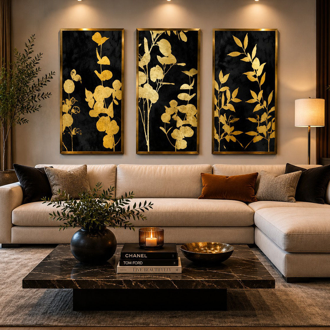 large modern gold and black artwork in a lounge