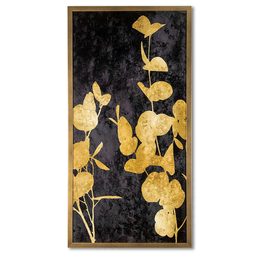 Decorative wall art with gold leaf design on a black background