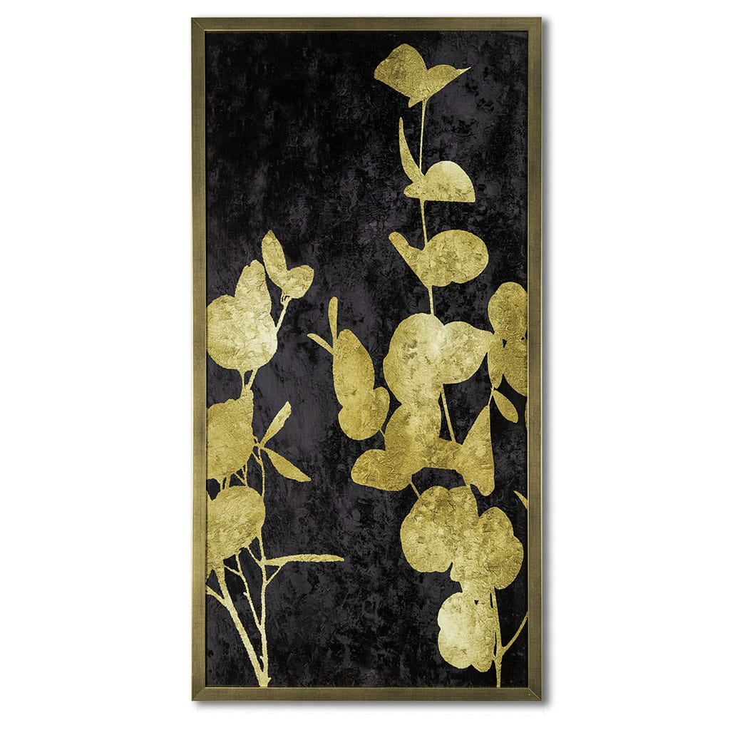 Decorative wall art with gold leaf design on a black background