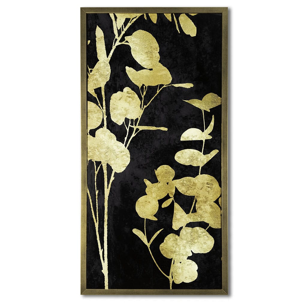 Framed artwork with gold leaf design on a black background