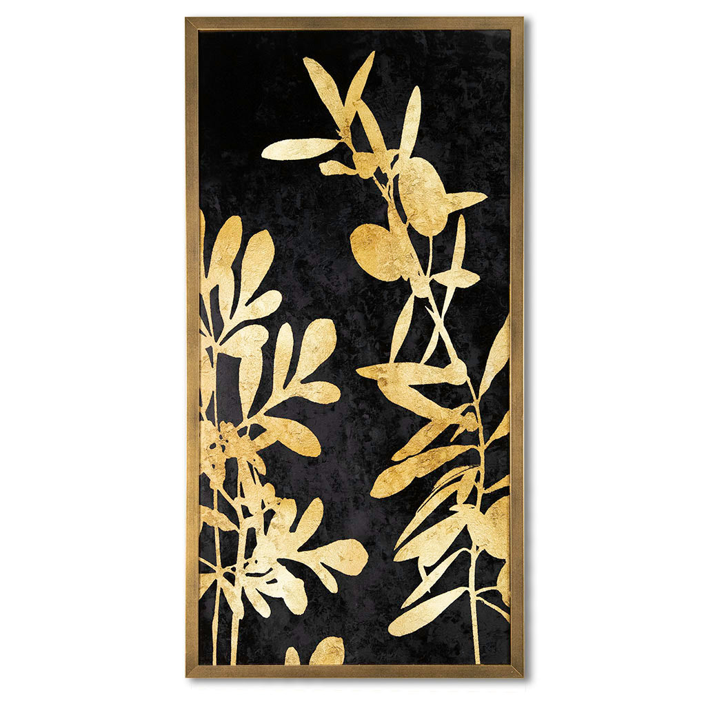 Framed artwork with gold leaf design on a black background