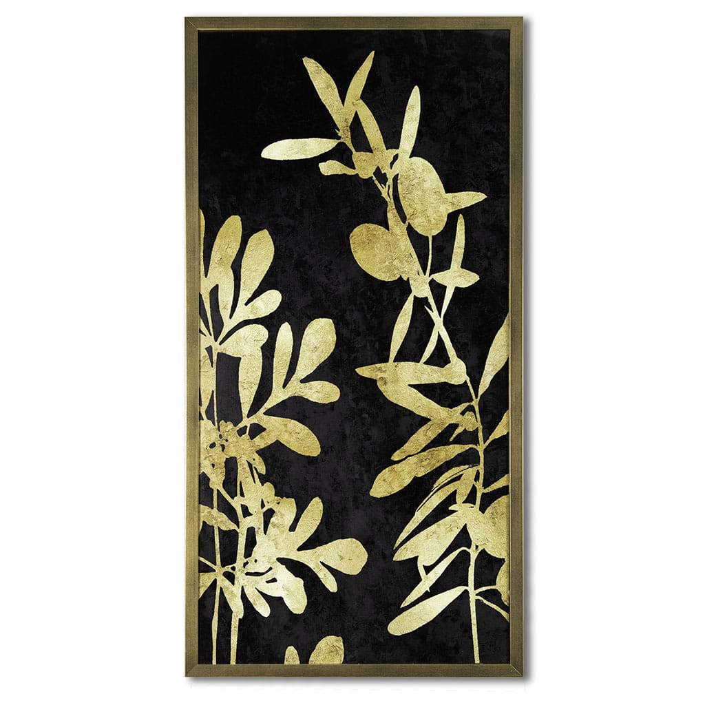 Framed artwork with gold leaf design on a black background