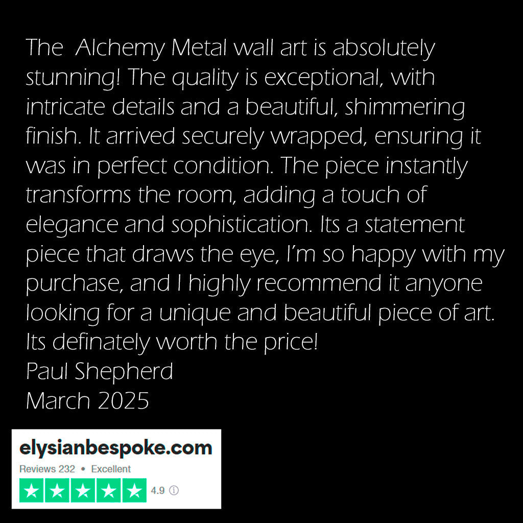 Positive review of Alchemy Metal wall art with text and rating on a black background