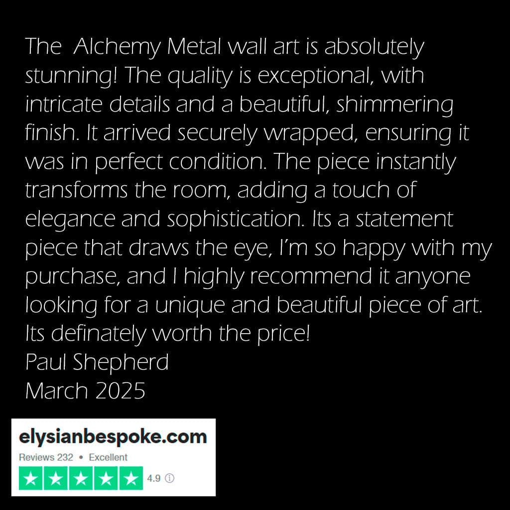 Positive review of Alchemy Metal wall art with text and rating on a black background
