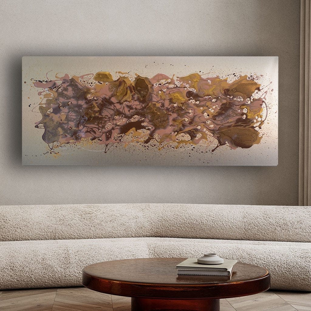 Metal wall art in mocha and chocolate browns over a cream sofa in a modern living room