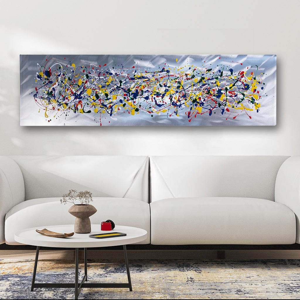 Multicoloured Jackson Pollock style abstract on metal wall art in a modern lounge