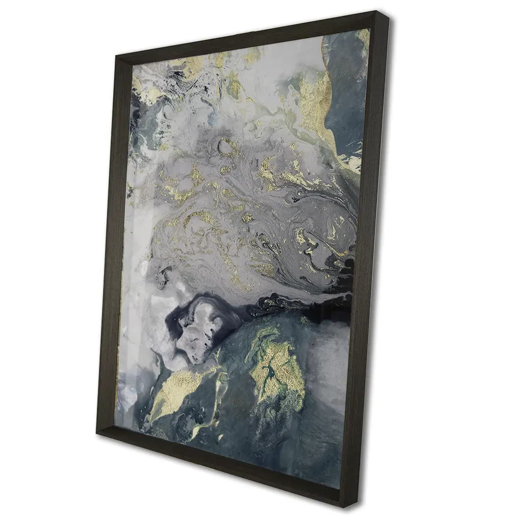 side view of modern luxury framed wall art, in green, teals and gold detailing. framed in a grey grained frame. handmade by elysian bespoke
