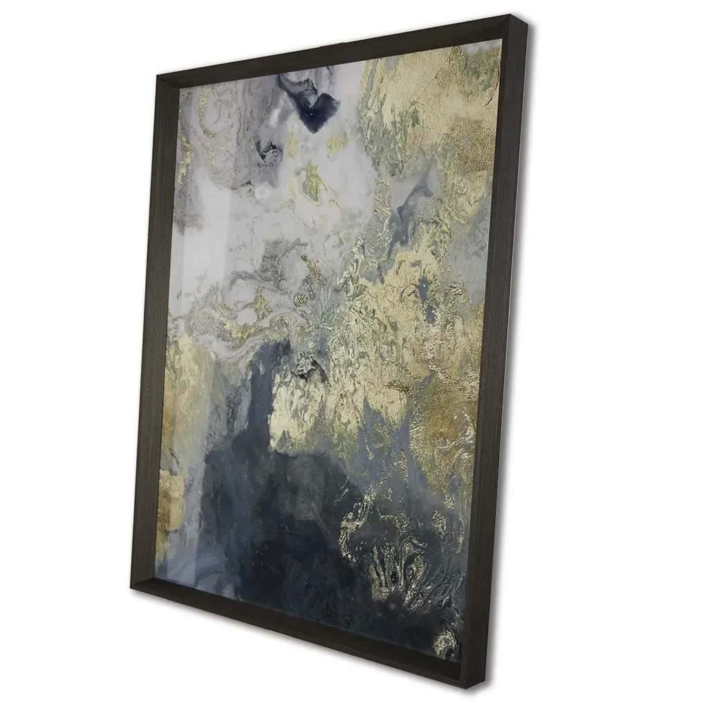 side view of Large framed abstract wall art, in deep greens, aquas and gold detail. handmade by elysian bespoke.