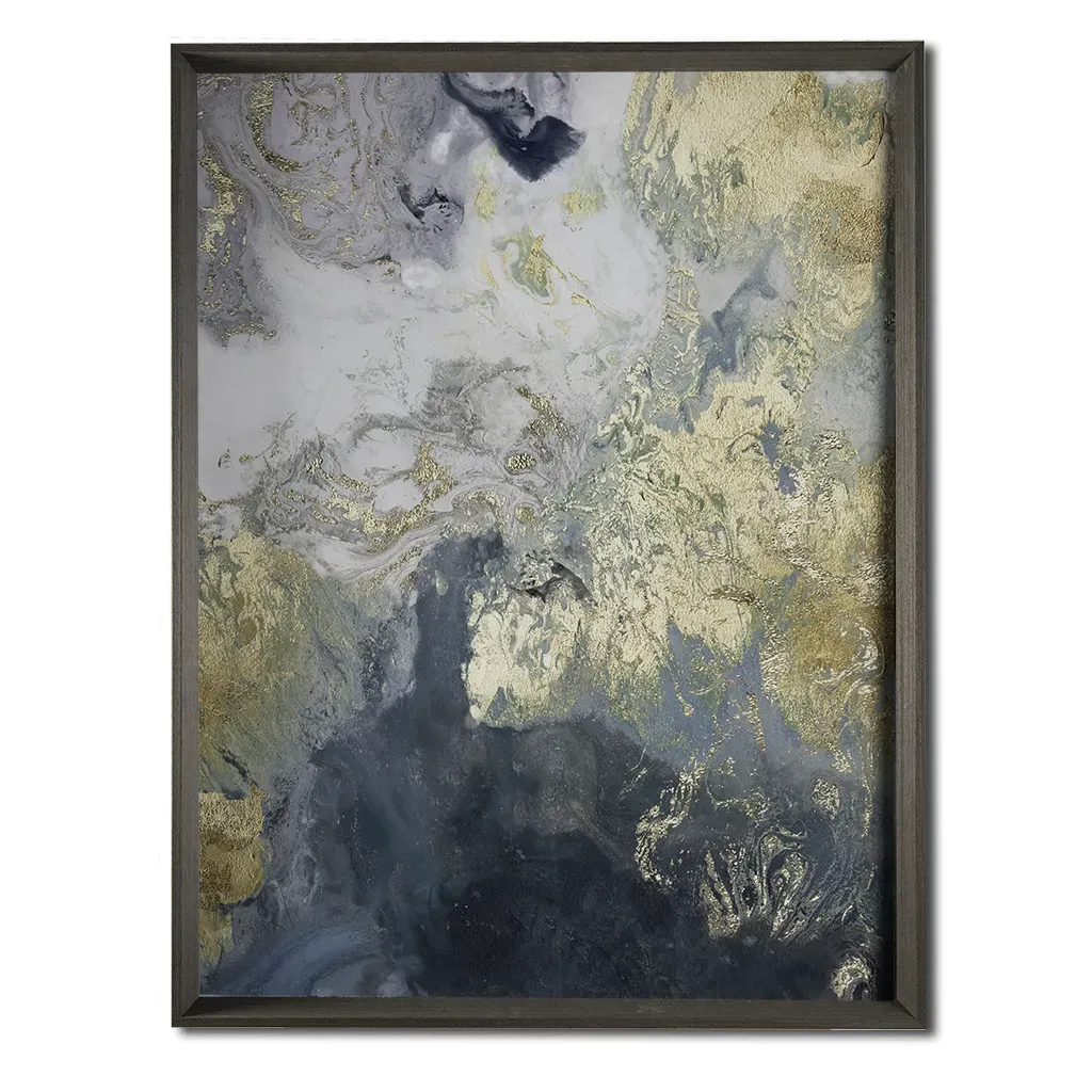 Large grey grained wooden framed abstract wall art in greens, aquas and golds with flowing marble inspired textures, handmade by elysian bespoke.