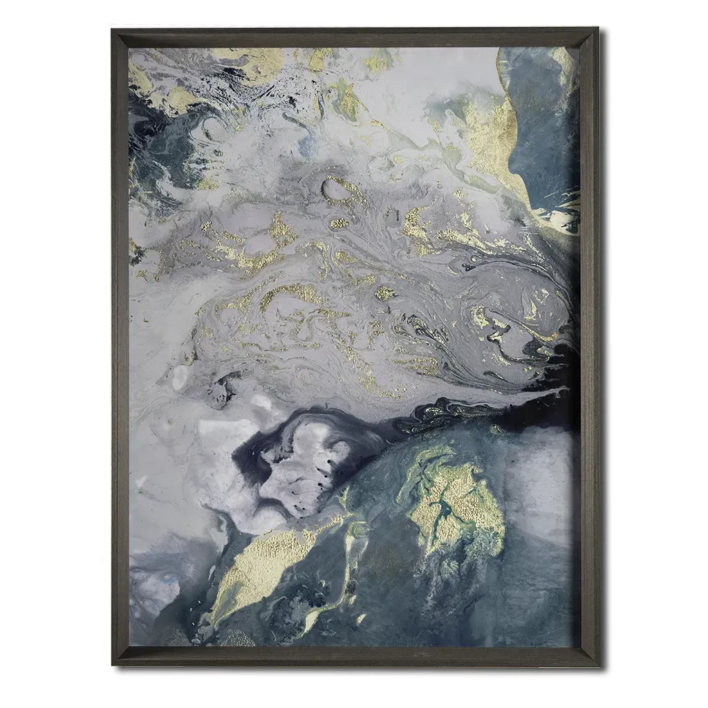 modern large scale luxury framed wall art, in green, teals and gold detailing. framed in a grey grained frame. handmade by elysian bespoke