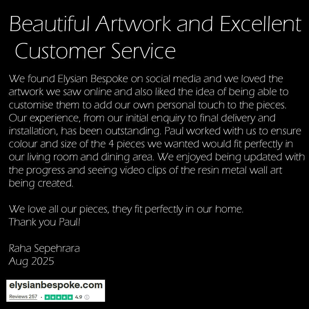 5 star trust pilot review of luxury artwork from elysian bespoke.