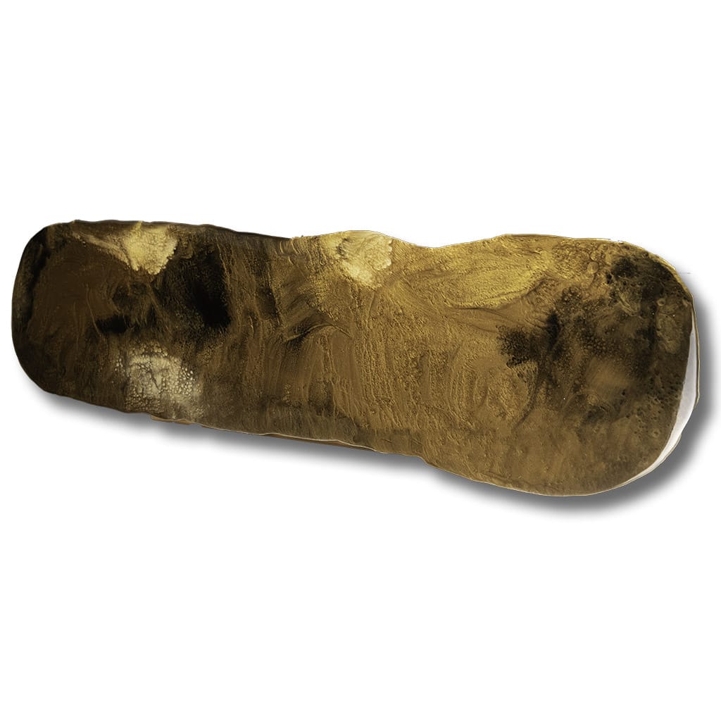 side view of Handmade luxury gold resin wall art by Elysian bespoke featuring metallic gold, bronze and black abstract textures on a long rounded panel.Contemporary statement artwork for modern living rooms and luxury interior design.