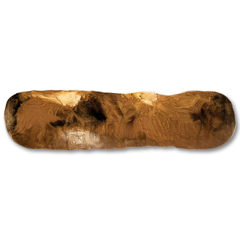wide view of Handmade luxury gold resin wall art by Elysian bespoke featuring metallic gold, bronze and black abstract textures on a long rounded panel.Contemporary statement artwork for modern living rooms and luxury interior design.