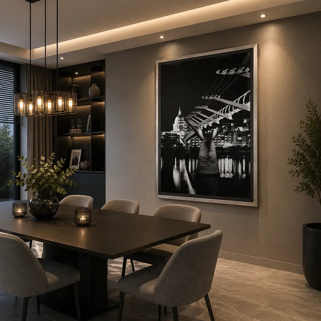 modern lounge with Handmade wooden framed black and white wall art featuring London's St Paul's Cathedral and Millennium Bridge by Elysian Bespoke, luxury contemporary statement artwork for modern interiors.