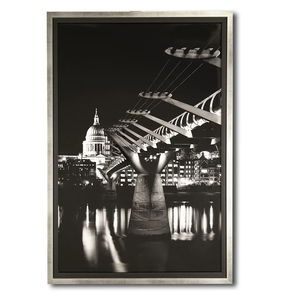 Handmade wooden framed black and white wall art featuring London's St Paul's Cathedral and Millennium Bridge by Elysian Bespoke, luxury contemporary statement artwork for modern interiors.