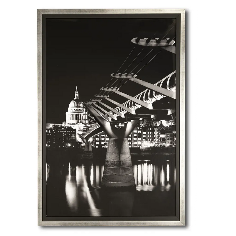 Handmade wooden framed black and white wall art featuring London's St Paul's Cathedral and Millennium Bridge by Elysian Bespoke, luxury contemporary statement artwork for modern interiors.