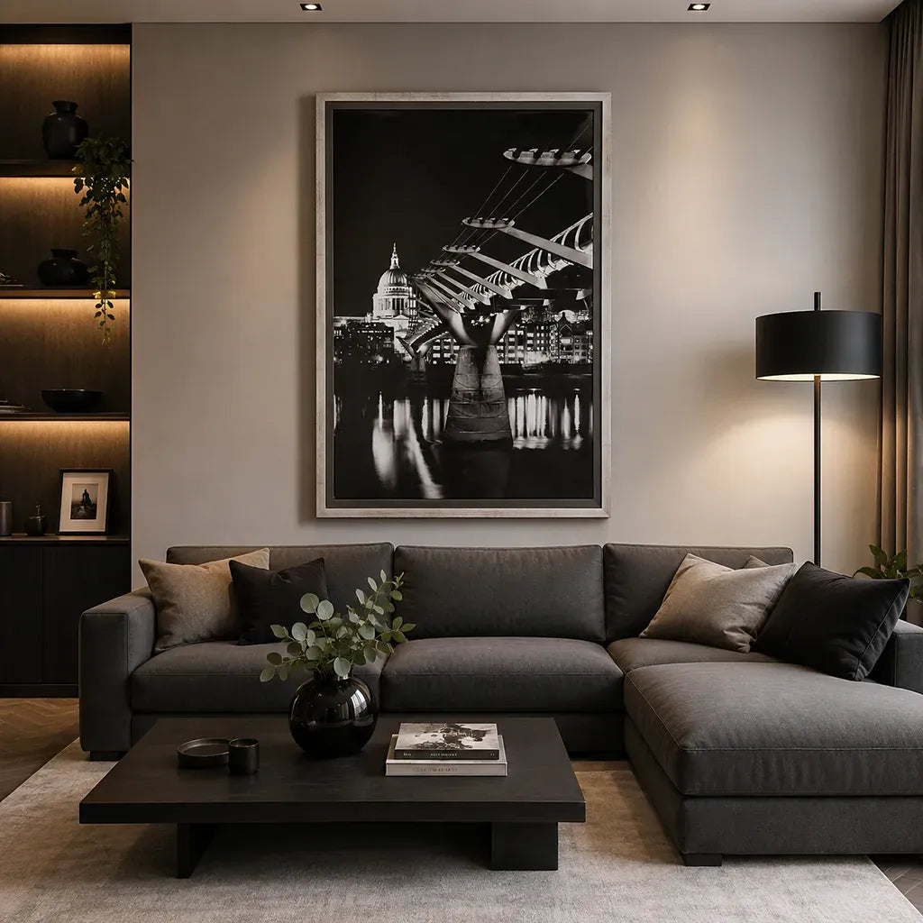 Handmade wooden framed black and white wall art featuring London's St Paul's Cathedral and Millennium Bridge by Elysian Bespoke, luxury contemporary statement artwork for modern interiors.