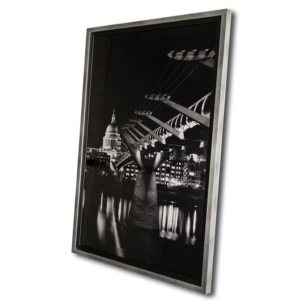 side view of Handmade wooden framed black and white wall art featuring London's St Paul's Cathedral and Millennium Bridge by Elysian Bespoke, luxury contemporary statement artwork for modern interiors.