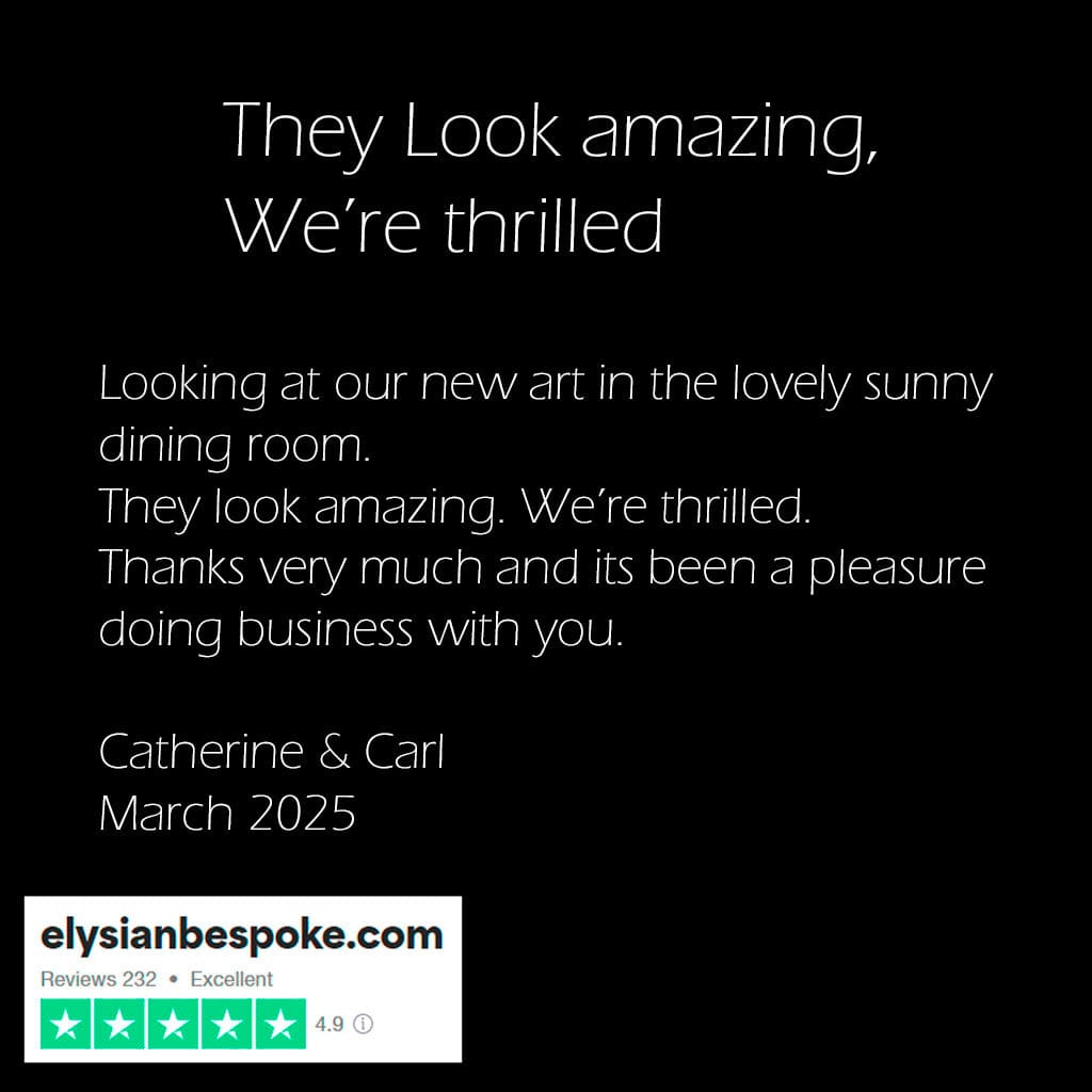 Text message expressing real satisfaction with new art in a dining room, featuring a website link and rating.