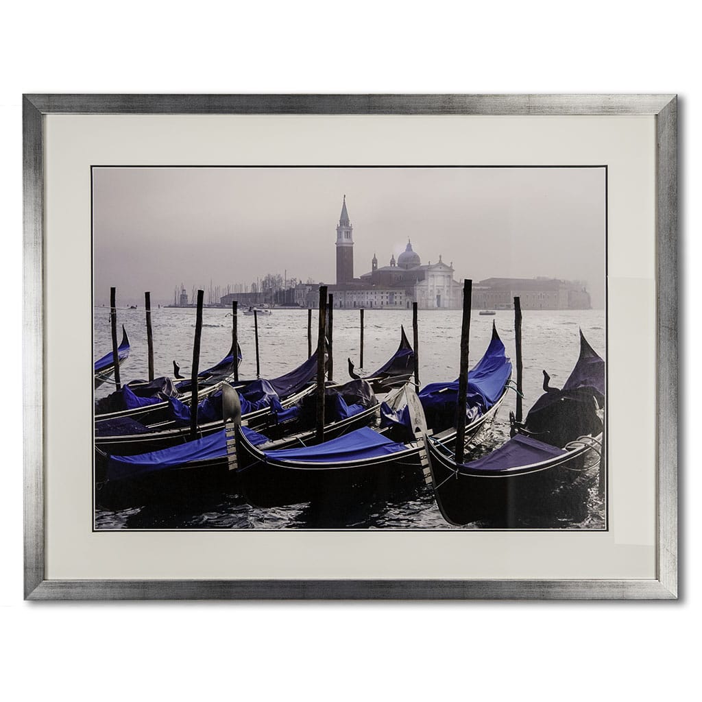 large luxury framed wall art of venice with gondolas. Framed in a modern silver handmade by elysian bespoke.